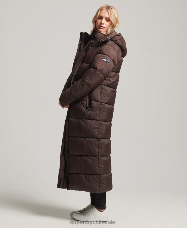 mujer Superdry marrón chaqueta acolchada larga con tejido ripstop 2R68Z3713