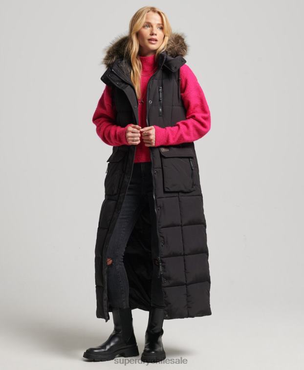 mujer Superdry negro chaleco acolchado de pelo largo con capucha 2R68Z3596