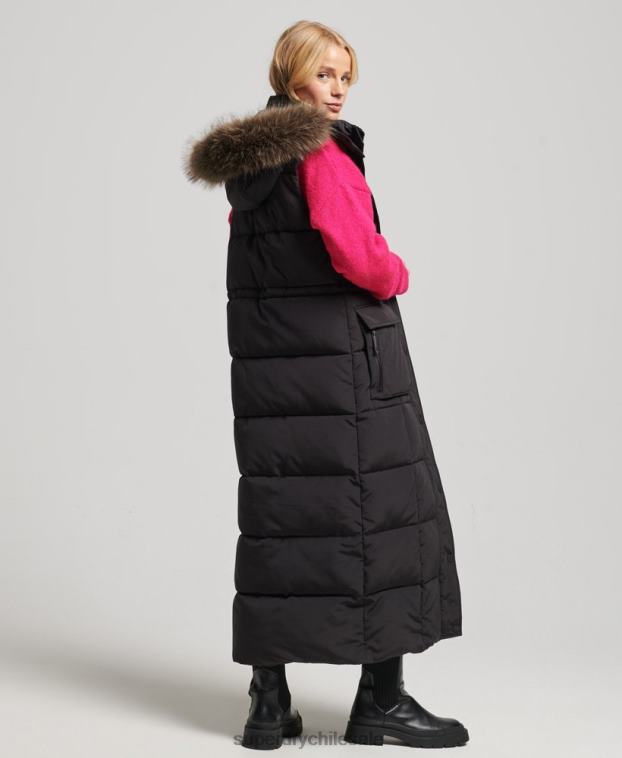 mujer Superdry negro chaleco acolchado de pelo largo con capucha 2R68Z3596
