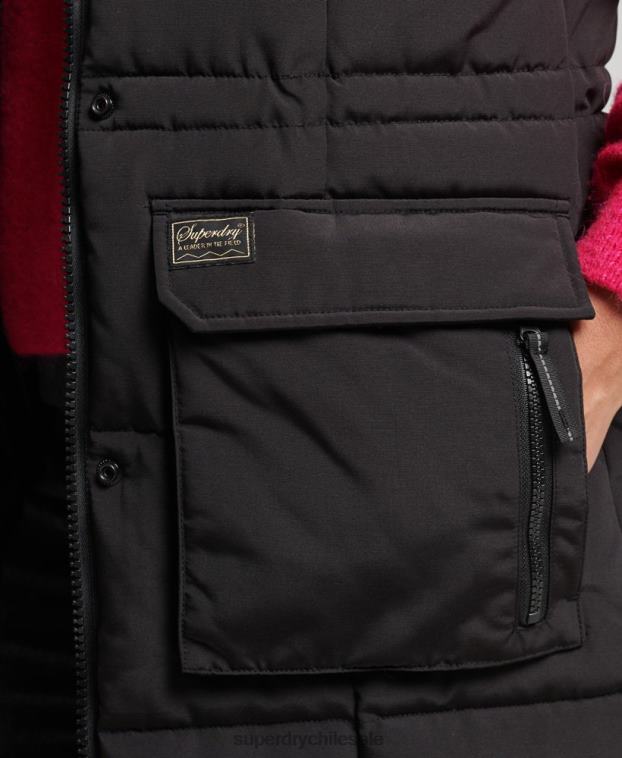 mujer Superdry negro chaleco acolchado de pelo largo con capucha 2R68Z3596