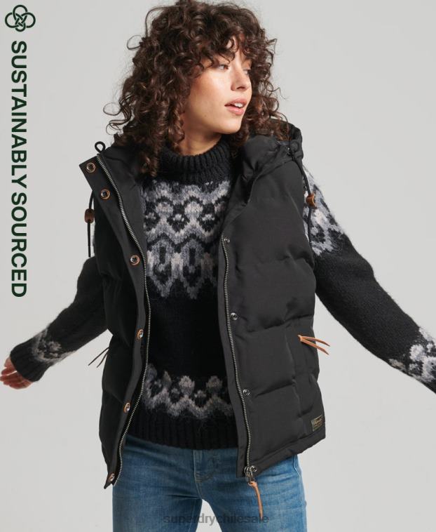 mujer Superdry negro chaleco acolchado everest con capucha 2R68Z3783