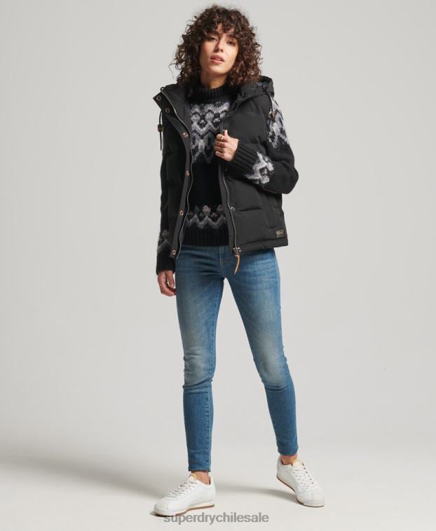 mujer Superdry negro chaleco acolchado everest con capucha 2R68Z3783
