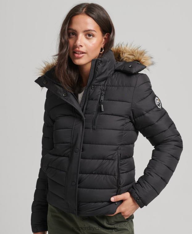mujer Superdry negro chamarra acolchada corta con capucha 2R68Z3630