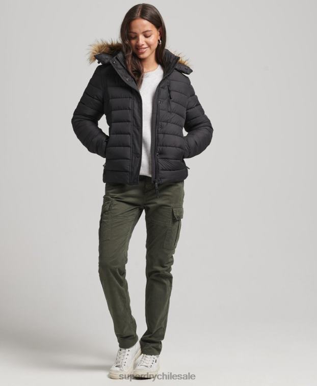 mujer Superdry negro chamarra acolchada corta con capucha 2R68Z3630