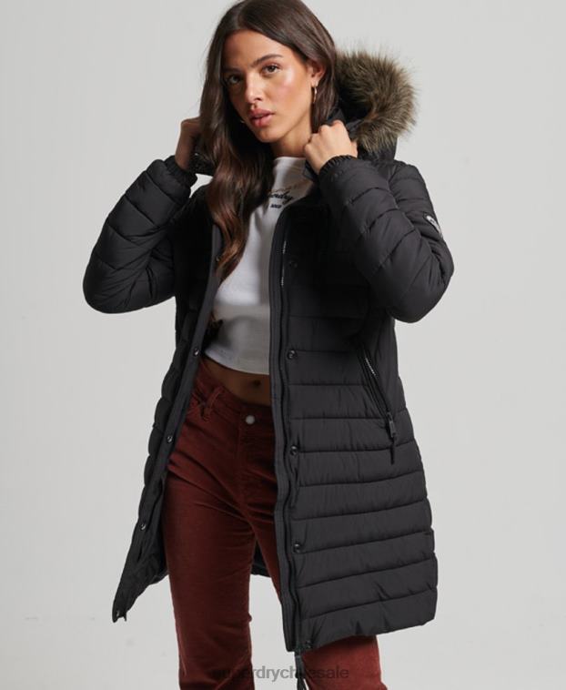 mujer Superdry negro chamarra acolchada de pelo sintético con capucha 2R68Z3550