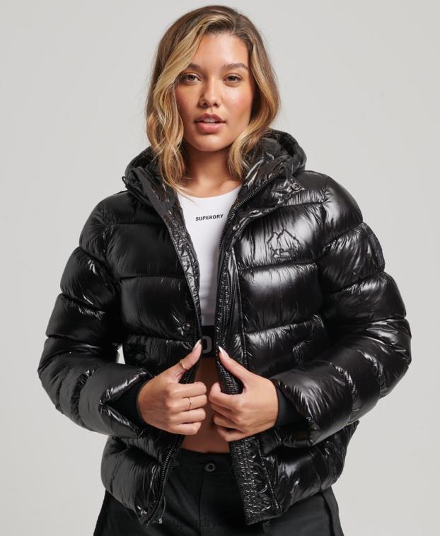 mujer Superdry negro chamarra acolchada deportiva brillante con capucha 2R68Z3634