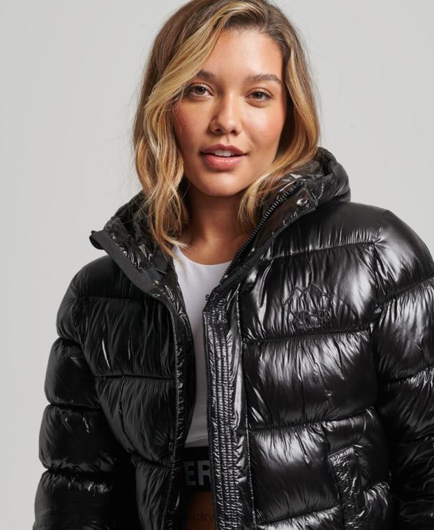 mujer Superdry negro chamarra acolchada deportiva brillante con capucha 2R68Z3634
