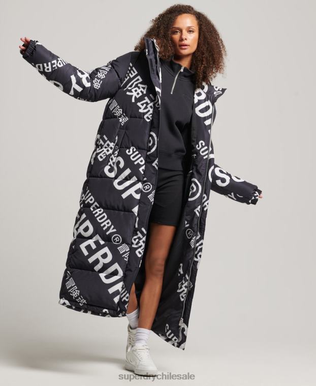 mujer Superdry negro chamarra acolchada larga con estampado completo 2R68Z5653