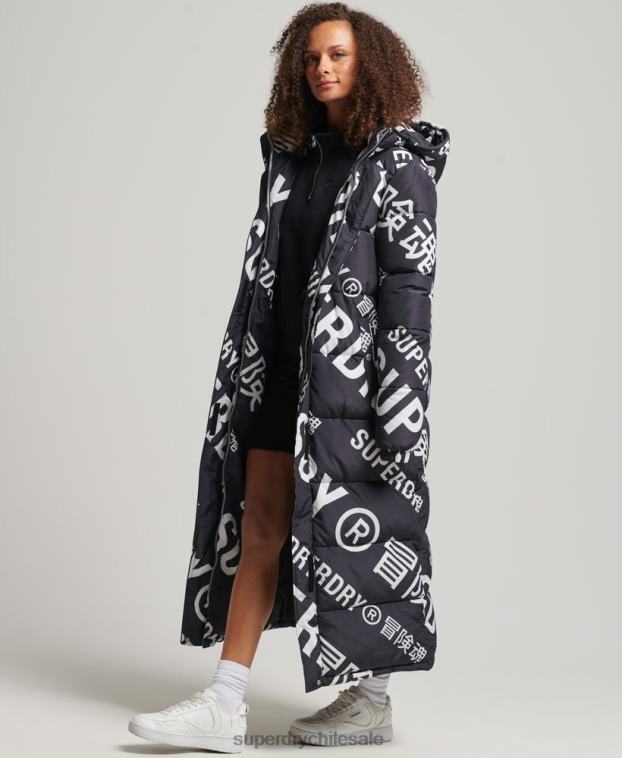 mujer Superdry negro chamarra acolchada larga con estampado completo 2R68Z5653