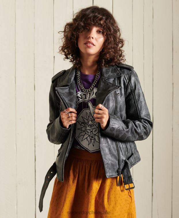 mujer Superdry negro chamarra biker de cuero estilo rockero 2R68Z5697