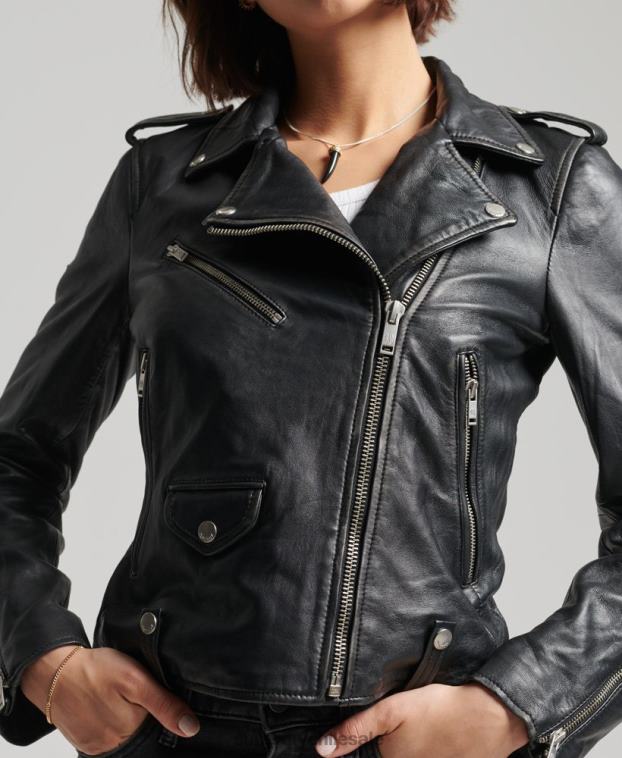 mujer Superdry negro chamarra biker de cuero rylee 2R68Z3735