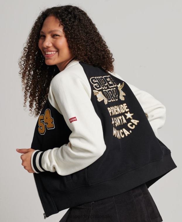 mujer Superdry negro chamarra bomber con motivo de colegial 2R68Z3609