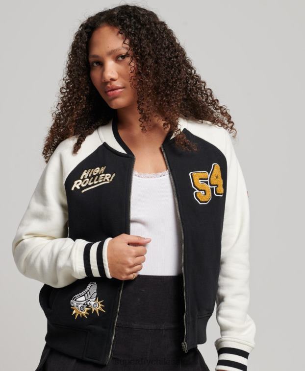 mujer Superdry negro chamarra bomber con motivo de colegial 2R68Z3609