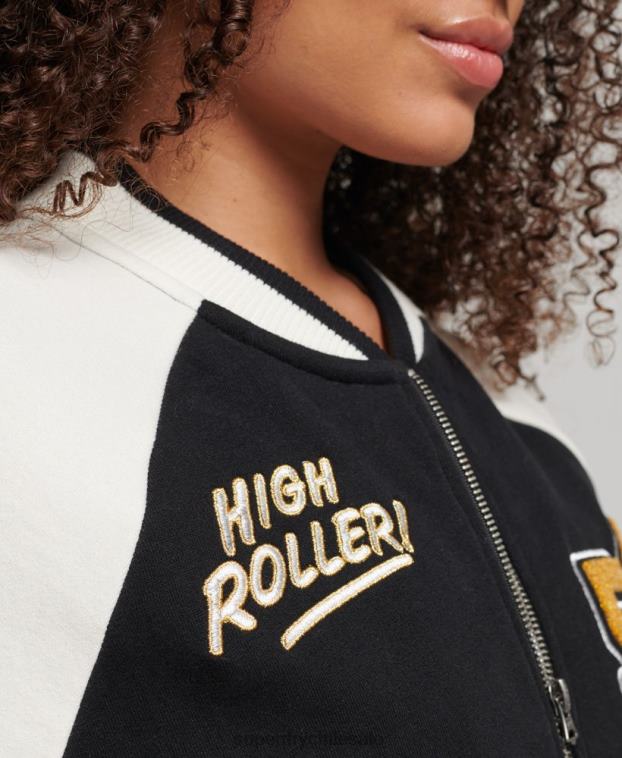mujer Superdry negro chamarra bomber con motivo de colegial 2R68Z3609
