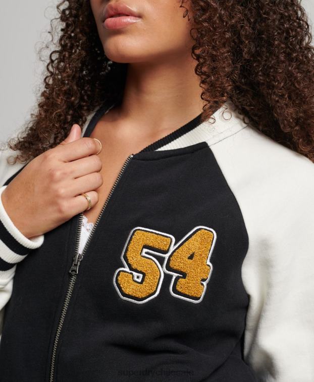 mujer Superdry negro chamarra bomber con motivo de colegial 2R68Z3609
