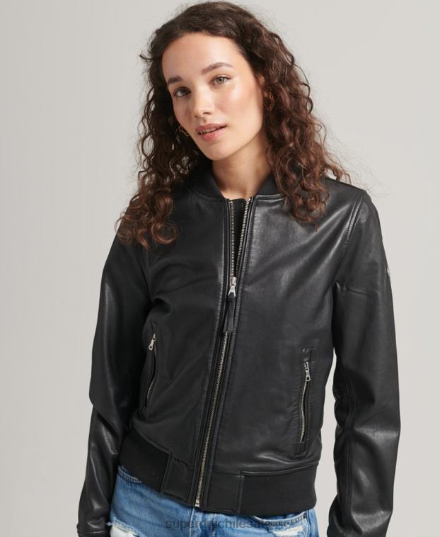 mujer Superdry negro chamarra bomber de cuero 2R68Z5723