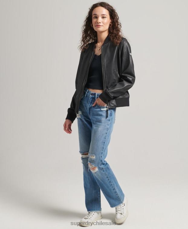 mujer Superdry negro chamarra bomber de cuero 2R68Z5723