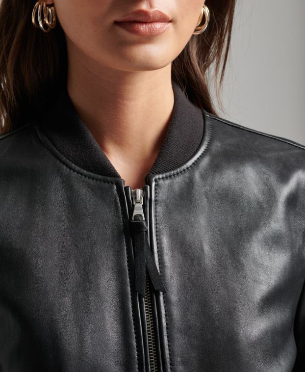 mujer Superdry negro chamarra bomber de cuero de estudio 2R68Z3838