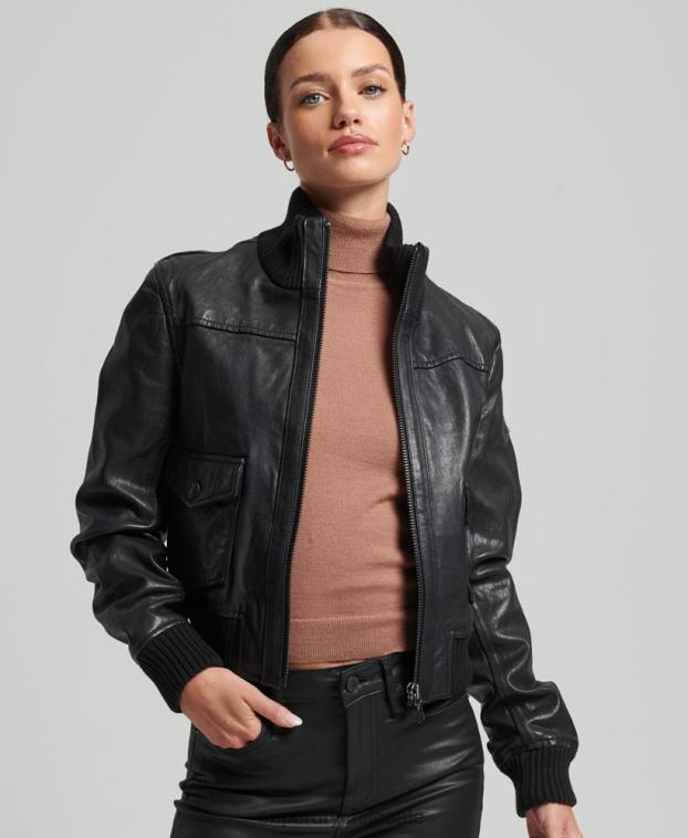 mujer Superdry negro chamarra bomber de piel con cuello de punto 2R68Z3718