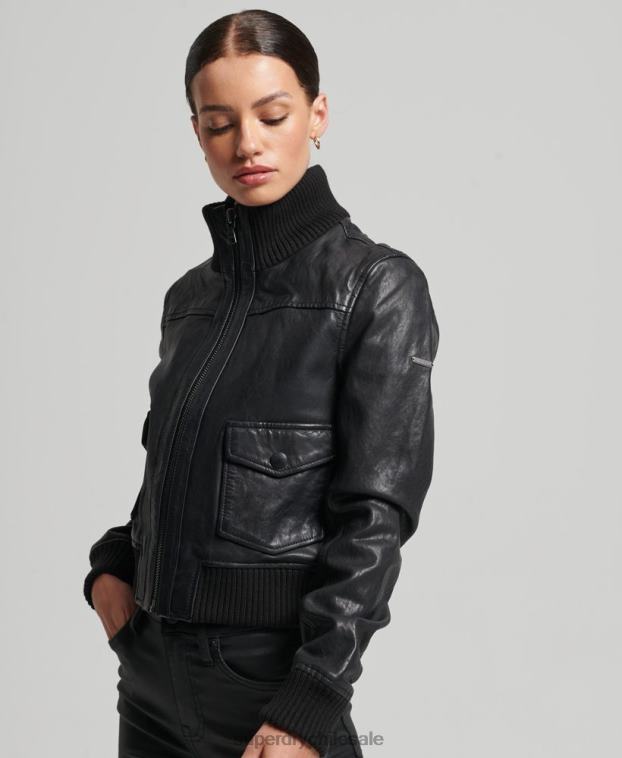 mujer Superdry negro chamarra bomber de piel con cuello de punto 2R68Z3718