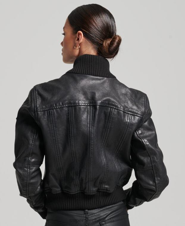 mujer Superdry negro chamarra bomber de piel con cuello de punto 2R68Z3718