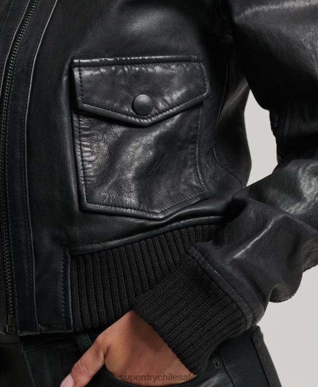 mujer Superdry negro chamarra bomber de piel con cuello de punto 2R68Z3718
