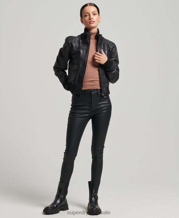 mujer Superdry negro chamarra bomber de piel con cuello de punto 2R68Z3718