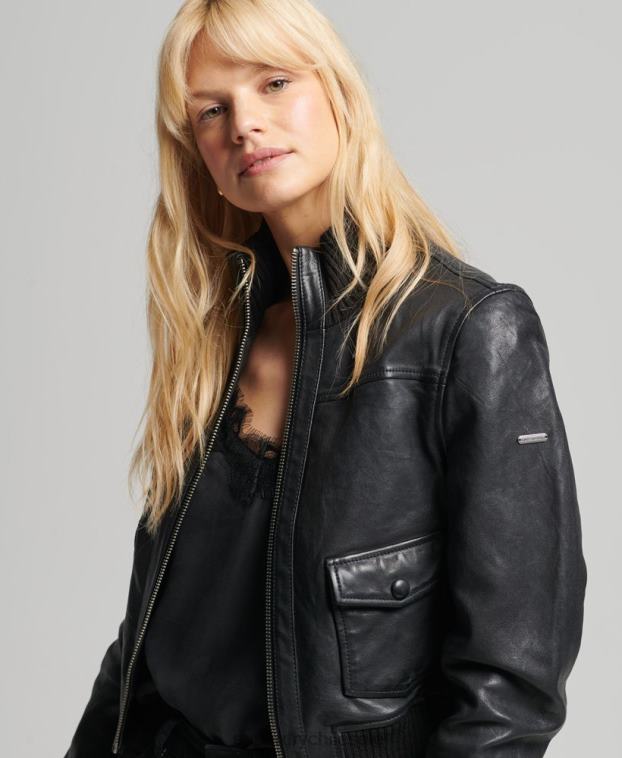 mujer Superdry negro chamarra bomber de piel con cuello de punto 2R68Z3719