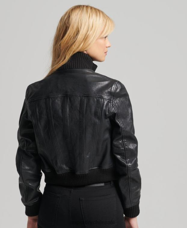 mujer Superdry negro chamarra bomber de piel con cuello de punto 2R68Z3719