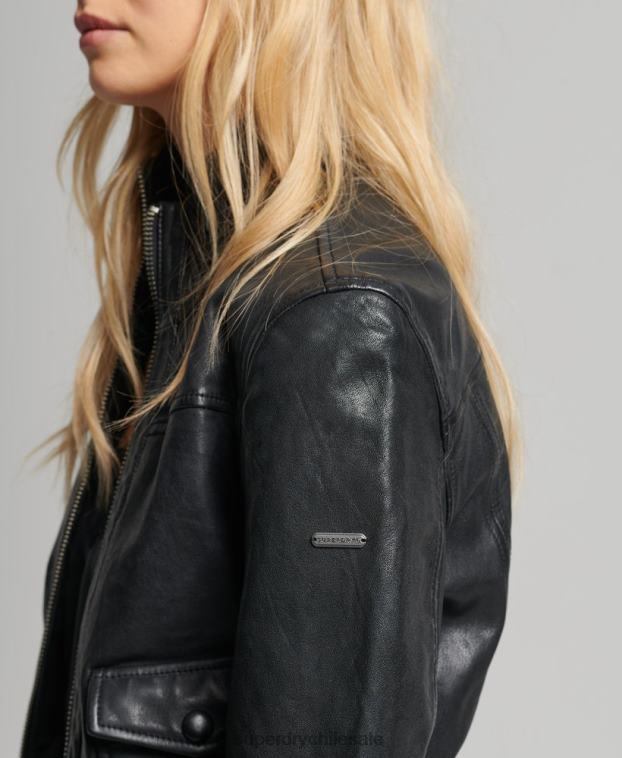 mujer Superdry negro chamarra bomber de piel con cuello de punto 2R68Z3719