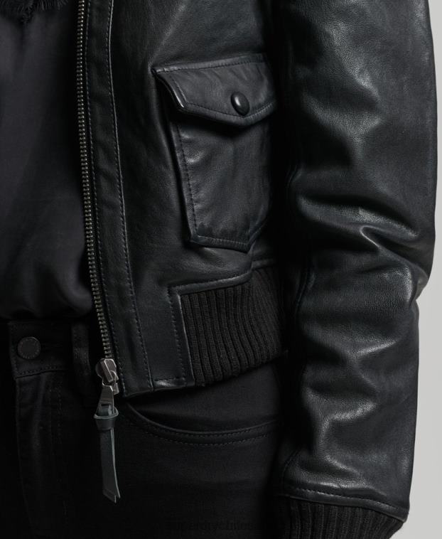 mujer Superdry negro chamarra bomber de piel con cuello de punto 2R68Z3719