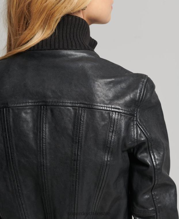 mujer Superdry negro chamarra bomber de piel con cuello de punto 2R68Z3719