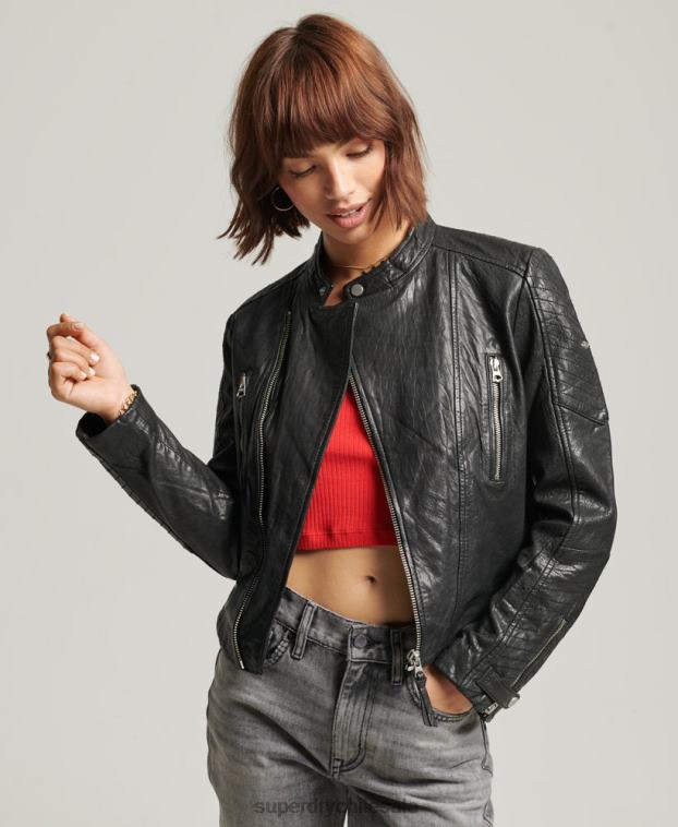 mujer Superdry negro chamarra clásica de cuero 2R68Z5410
