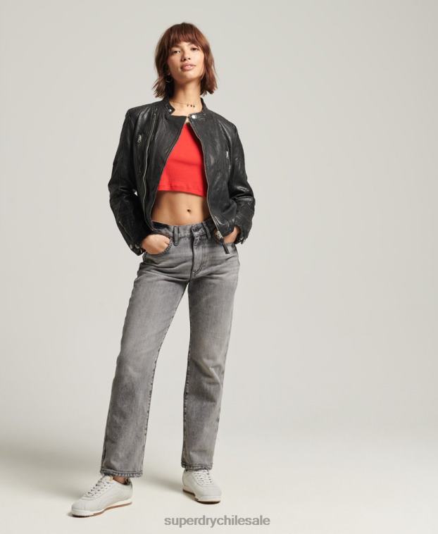 mujer Superdry negro chamarra clásica de cuero 2R68Z5410