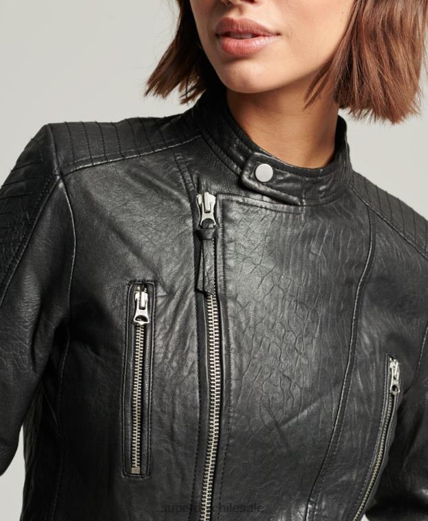 mujer Superdry negro chamarra clásica de cuero 2R68Z5410