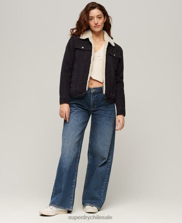 mujer Superdry negro chamarra estilo camionero de pana sherpa 2R68Z3817