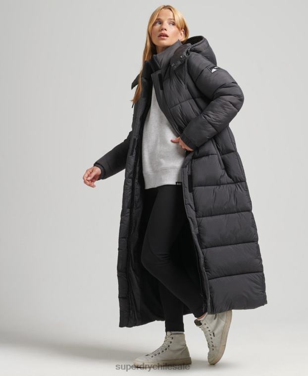 mujer Superdry negro chaqueta acolchada larga con tejido ripstop 2R68Z3729