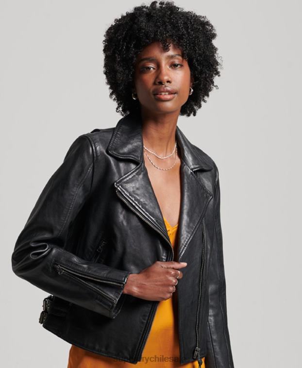 mujer Superdry negro chaqueta biker de cuero clásica 2R68Z3627