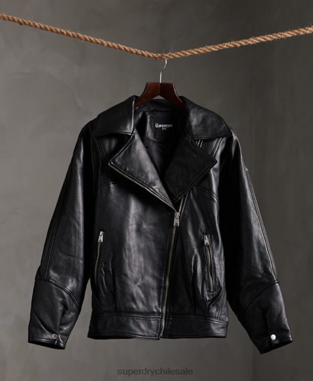mujer Superdry negro chaqueta biker de piel híbrida edit 2R68Z5623