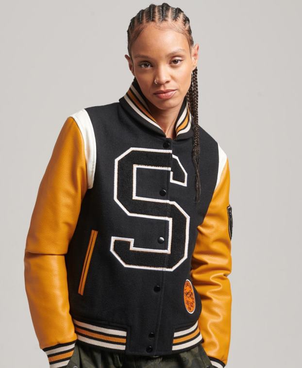 mujer Superdry negro chaqueta bomber universitaria de lana y poliuretano 2R68Z5467