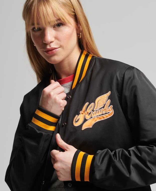 mujer Superdry negro chaqueta bomber universitaria vintage 2R68Z5492