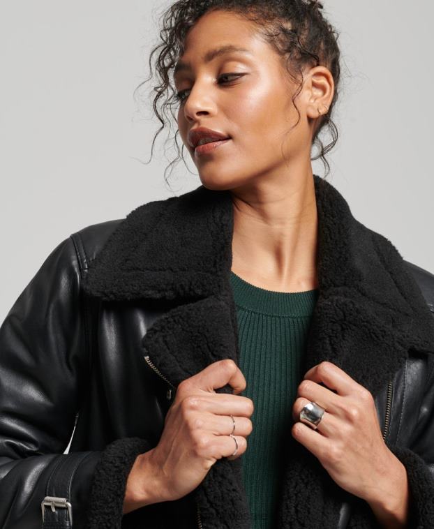 mujer Superdry negro chaqueta de aviador de cuero de estudios 2R68Z3569