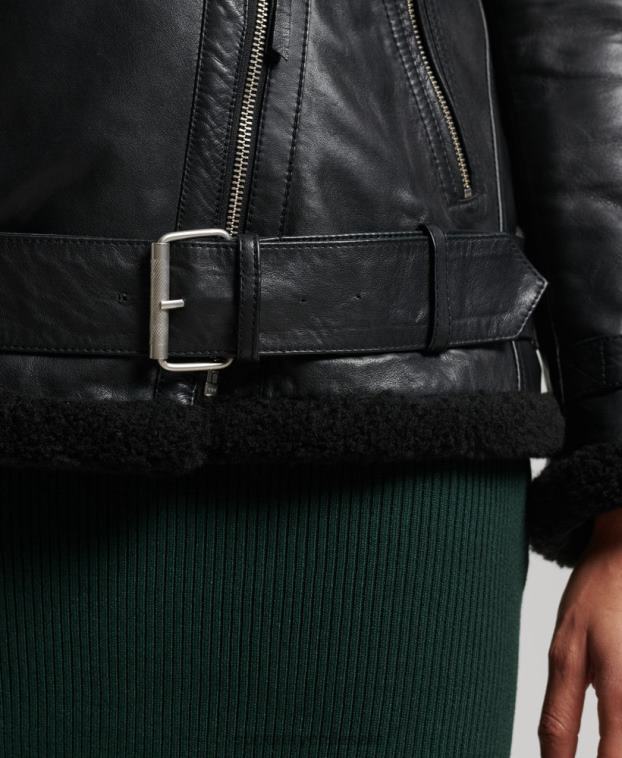 mujer Superdry negro chaqueta de aviador de cuero de estudios 2R68Z3569
