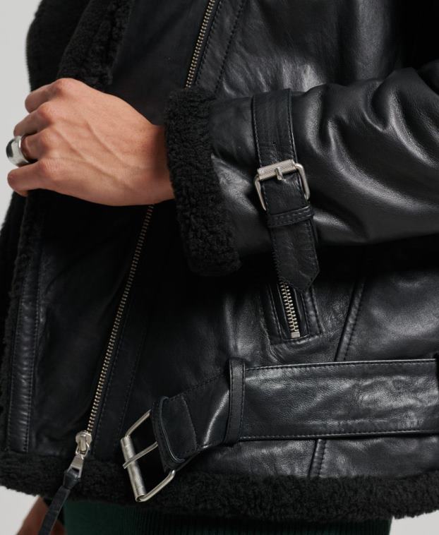 mujer Superdry negro chaqueta de aviador de cuero de estudios 2R68Z3569