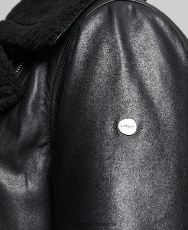 mujer Superdry negro chaqueta de aviador de cuero de estudios 2R68Z3569