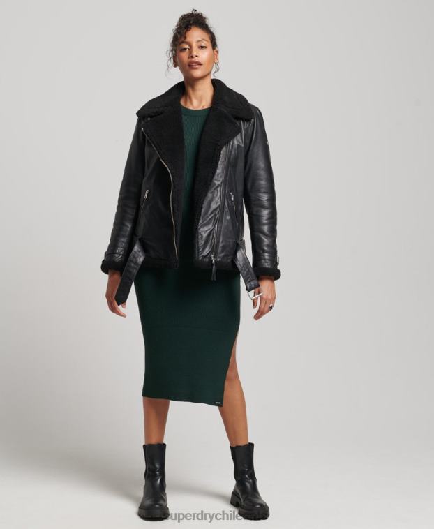 mujer Superdry negro chaqueta de aviador de cuero de estudios 2R68Z3569
