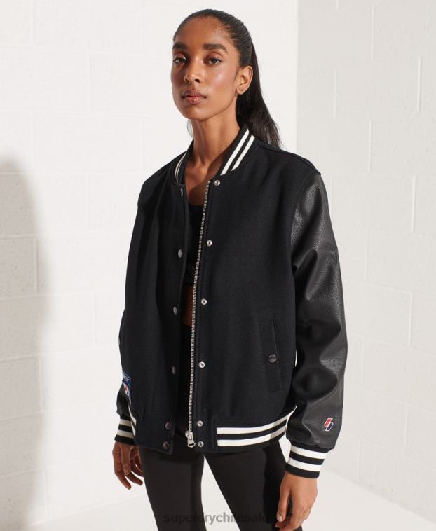 mujer Superdry negro chaqueta de béisbol del equipo universitario de lana 2R68Z5726