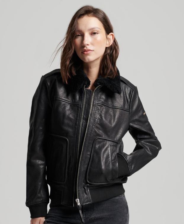 mujer Superdry negro chaqueta de cuero de vuelo de aviador 2R68Z5702