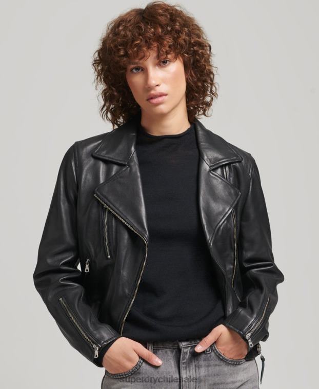mujer Superdry negro chaqueta de motorista de cuero 2R68Z3590