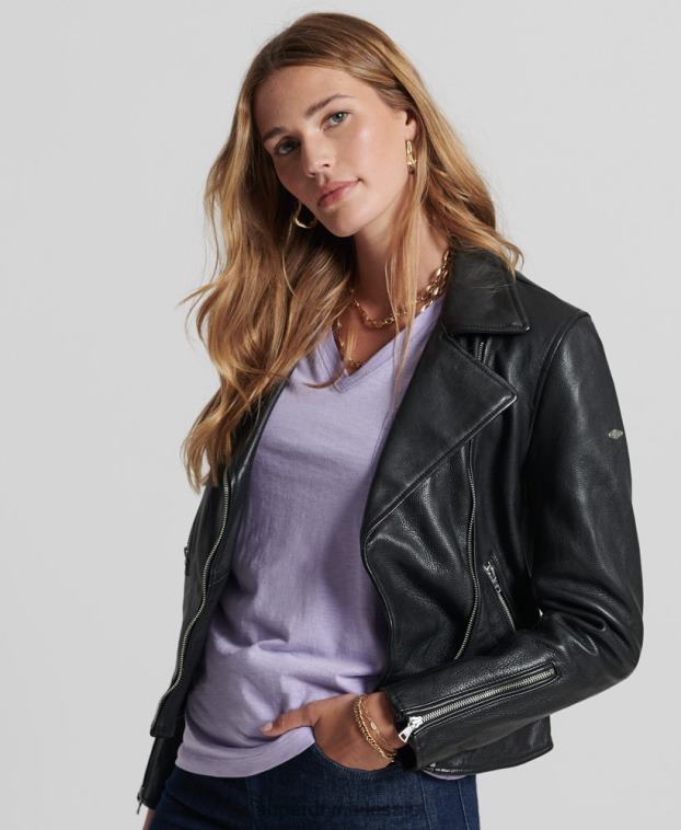 mujer Superdry negro chaqueta de motorista de cuero 2R68Z3844